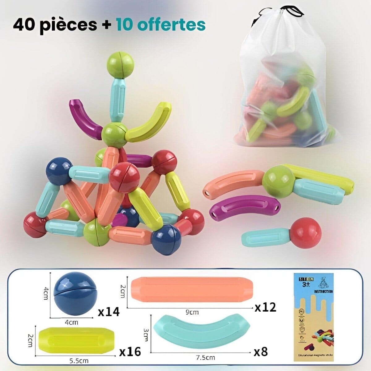 MinoBloc - Blocs de construction magnétiques -sac 0 La Bulle de Mino 40+10 blocs offerts