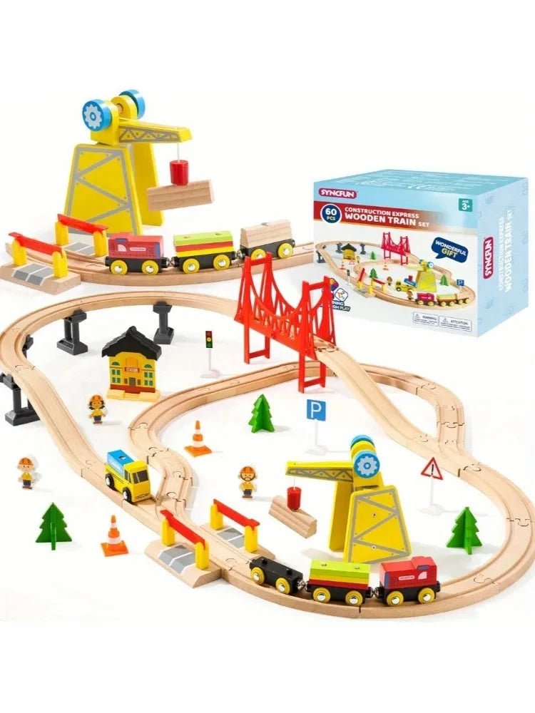 Circuit de train en bois 60 pièces – un chantier avec grue et pont - LBDM