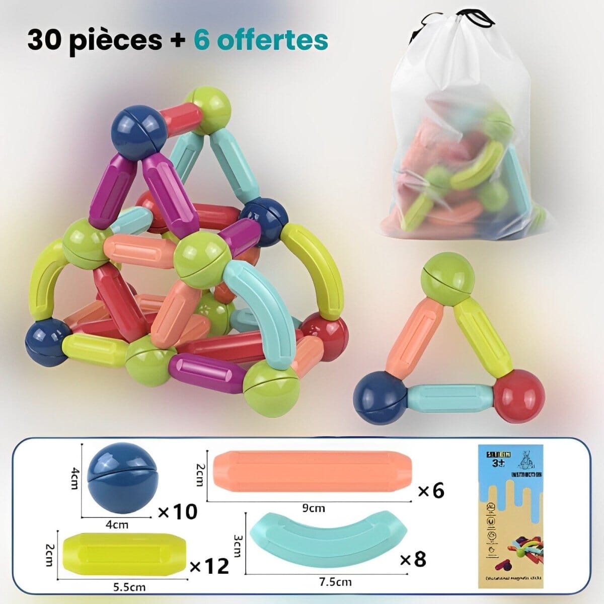 MinoBloc - Blocs de construction magnétiques -sac 0 La Bulle de Mino 30+6 blocs offerts 